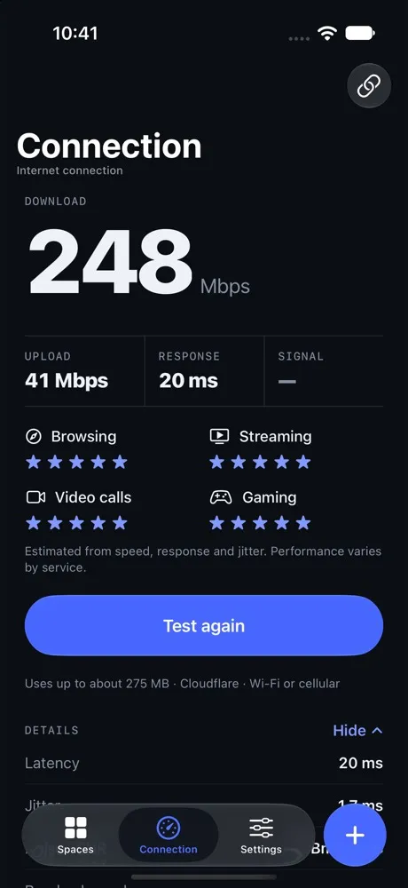 Speed test result: 248 Mbps download, 41 Mbps upload and 20 ms response time, rated for browsing, streaming, video calls and gaming.